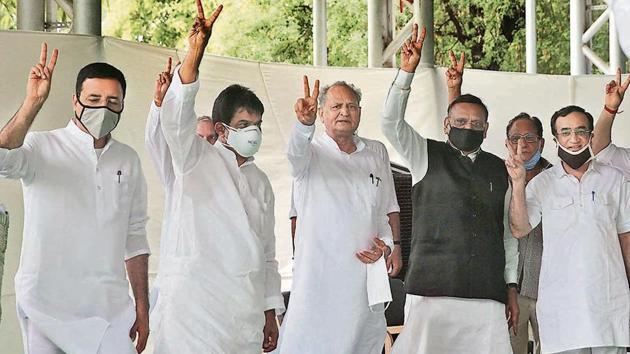Chief Minister Ashok Gehlot (C) seen with senior Congress leaders Randeep Surjewala, K C Venugopal, Ajay Maken and others during a meeting of the party’s MLAs at the CM residence, in Jaipur. (H Vyas/HT Photos) Chief Minister Ashok Gehlot (C) seen with senior Congress leaders Randeep Surjewala, K C Venugopal, Ajay Maken and others during a meeting of the party’s MLAs at the CM residence, in Jaipur. (H Vyas/HT Photos)