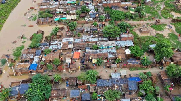 An aerial view of the flooded Bind Toli area along the banks of river Ganga in Patna on July 20. As many as 7, 65,191 people are affected due to floods triggered by incessant rains in Bihar while 13,877 people have been staying in shelter homes, the state government told ANI on July 23. (ANI) An aerial view of the flooded Bind Toli area along the banks of river Ganga in Patna on July 20. As many as 7, 65,191 people are affected due to floods triggered by incessant rains in Bihar while 13,877 people have been staying in shelter homes, the state government told ANI on July 23. (ANI)