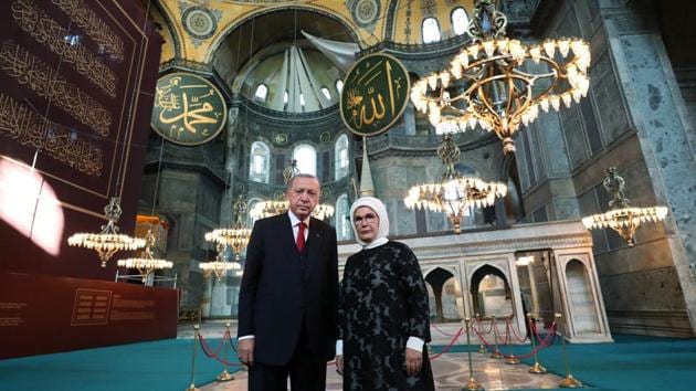 On Thursday, the Turkish leader, joined by a large entourage, paid a surprise visit to inspect final preparations at the structure, including the unveiling of a sign at the entrance that reads: “The Hagia Sophia Grand Mosque.”(Reuters)