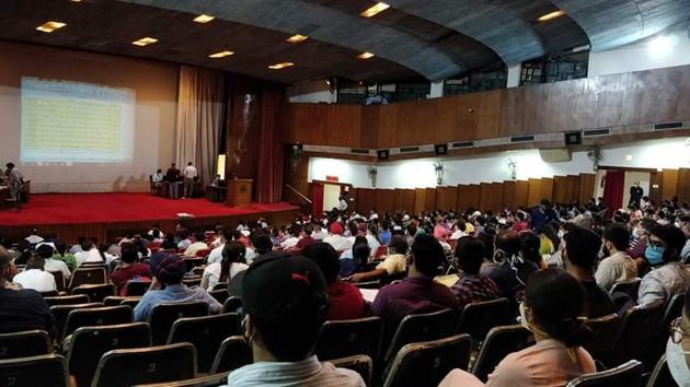 Spokesperson for the PGIMER said the venue, Bhargava Auditorium, was chosen because it was the biggest auditorium in Chandigarh and hence, social distancing could be ensured here.(HT PHOTO)