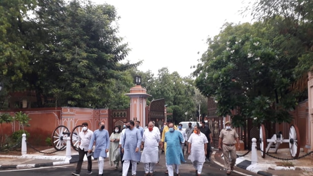 A delegation of BJP coming out our of the Raj Bhawan in Jaipur.(ANI)