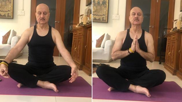 Anupam shared pictures of him doing yoga at home. Anupam shared pictures of him doing yoga at home.