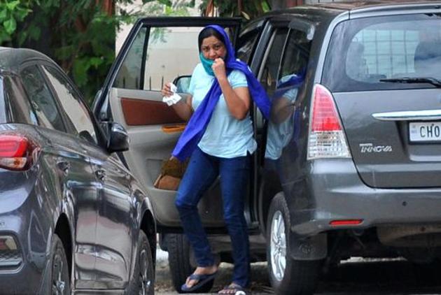 Suspended Manimajra station house officer surrendering at the district court in Chandigarh in July.(HT photo)