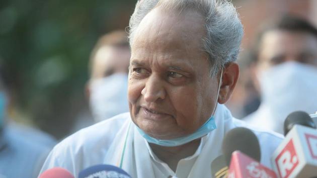 Rajasthan Chief Minister Ashok Gehlot speaks to the media outside the Governor’s residence, in Jaipur. (Himanshu Vyas/ Hindustan Times) Rajasthan Chief Minister Ashok Gehlot speaks to the media outside the Governor’s residence, in Jaipur. (Himanshu Vyas/ Hindustan Times)