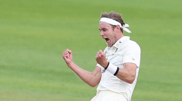 Cricket - Third Test - England v West Indies - Emirates Old Trafford, Manchester, Britain - July 25, 2020 England's Stuart Broad celebrates the wicket of West Indies' Roston Chase(REUTERS)