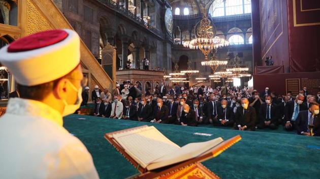 A view inside the Hagia Sophia Grand Mosque during the official opening ceremony in Istanbul on July 24. Thousands of Turkish nationals gathered at Hagia Sophia early on July 24 for the first Friday prayers there since President Tayyip Erdogan declared the monument, revered by Christians and Muslims for almost 1,500 years, a mosque once again, Reuters reported. (Mustafa Kamaci / Turkish Presidential Press service / AFP) A view inside the Hagia Sophia Grand Mosque during the official opening ceremony in Istanbul on July 24. Thousands of Turkish nationals gathered at Hagia Sophia early on July 24 for the first Friday prayers there since President Tayyip Erdogan declared the monument, revered by Christians and Muslims for almost 1,500 years, a mosque once again, Reuters reported. (Mustafa Kamaci / Turkish Presidential Press service / AFP)