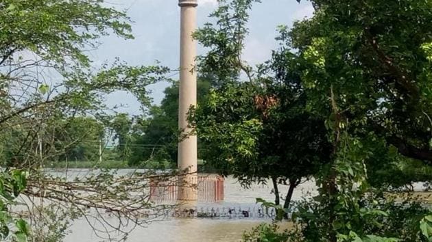 Ashokan Pillar flooded at Lauria in West Champaran, Bihar(HT Photos)