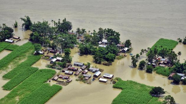 An aerial view of the flood-affected areas of Assam on Friday. (ANI) An aerial view of the flood-affected areas of Assam on Friday. (ANI)