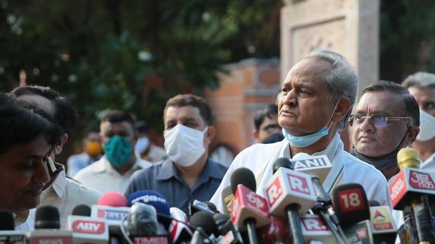 Rajasthan Chief Minister Ashok Gehlot speaks to the media.(Himanshu Vyas/ Hindustan Times)