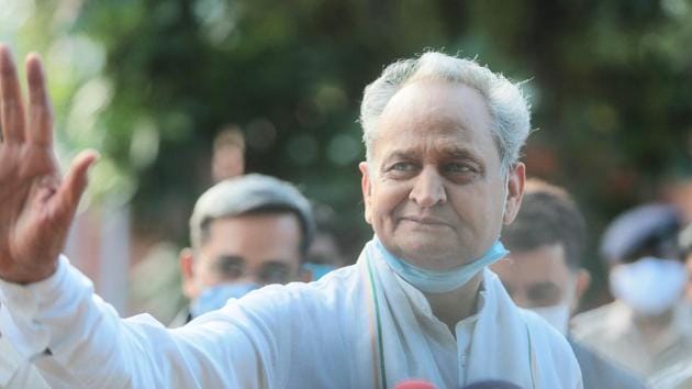 Rajasthan chief minister Ashok Gehlot outside the Governor’s residence in Jaipur, Rajasthan on Friday. (Himanshu Vyas/HT Photo) Rajasthan chief minister Ashok Gehlot outside the Governor’s residence in Jaipur, Rajasthan on Friday. (Himanshu Vyas/HT Photo)