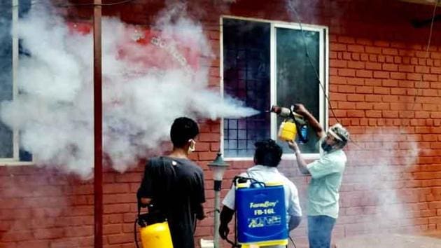 Civic workers spraying disinfectant in a locality in Bengaluru(ANI File) Civic workers spraying disinfectant in a locality in Bengaluru(ANI File)
