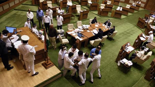 United Opposition consisting of Congress, Goa Forward Party, Maharashtrawadi Gomantak Party (MGP) creates ruckus in the house demanding to take up adjournment motion to discuss COVID-19 situation in the state during the One Day assembly session in Panaji on Monday.(ANI)