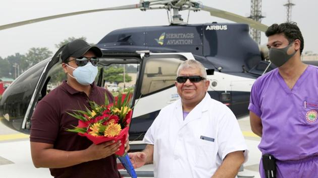 Professor Ravikant, director of AIIMS Rishikesh after the successful trial of the air ambulance facility on Tuesday(HT Photo)