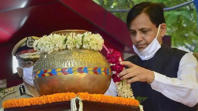 Minister of State for Home Nityanand Rai pays tributes at a memorial before his address on 82nd Raising Day of the CRPF in New Delhi (PTI) Minister of State for Home Nityanand Rai pays tributes at a memorial before his address on 82nd Raising Day of the CRPF in New Delhi (PTI)
