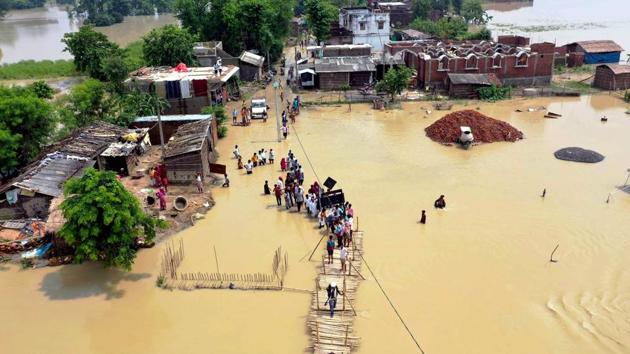 An aerial view of the flood-affected areas in Muzaffarpur district, Bihar on July 26. Seven minor rivers and tributaries are already flowing above the danger mark at 24 spots in 15 districts of Bihar with embankments under pressure in these areas. (ANI)