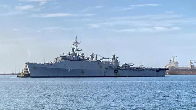 INS Jalashwa, deployed by the Indian Navy for Operation Samudra Setu, entered Tuticorin harbour early morning.(PTI)