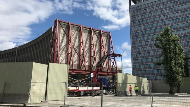 A general view of the 'Y-block' office building, adorned with a concrete mural by artists Pablo Picasso and Carl Nesjar, as workers begin taking down the mural. (REUTERS/Gwladys Fouche)