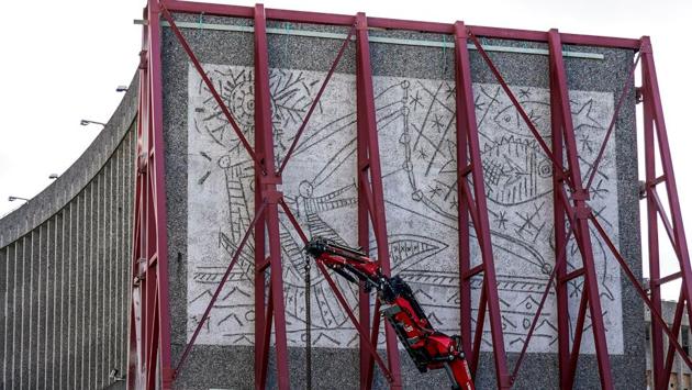 An office builiding with murals by Pablo Picasso and Carl Nesjar is seen before being torn down, in Oslo, Norway July 27, 2020. (NTB Scanpix/Lise Aserud via REUters)