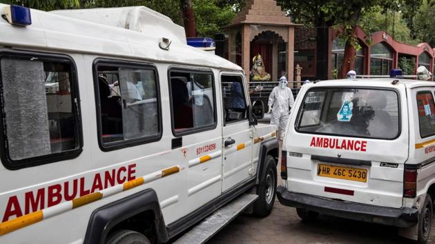 Ambulances with bodies of people, who died due to the coronavirus disease (Covid-19) are seen parked at a crematorium in New Delhi on July 8, 2020.(Reuters File Photo)