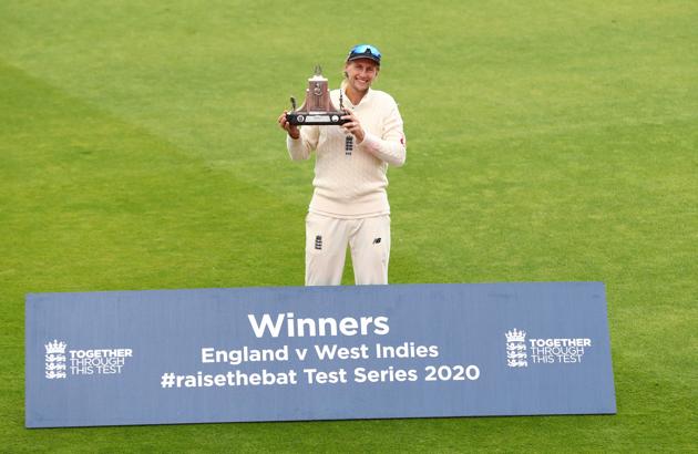 England's Joe Root celebrates winning the test series as he poses with the Wisden trophy, as play resumes behind closed doors following the outbreak of the coronavirus disease (COVID-19). (REUTERS) England's Joe Root celebrates winning the test series as he poses with the Wisden trophy, as play resumes behind closed doors following the outbreak of the coronavirus disease (COVID-19). (REUTERS)