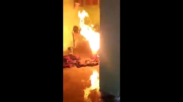 An LPG cylinder caught fire. (Twitter/@upcoprahul) An LPG cylinder caught fire. (Twitter/@upcoprahul)