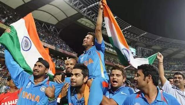 Virat Kohli carries Sachin Tendulkar on his shoulders after winning the 2011 World Cup in Mumbai.