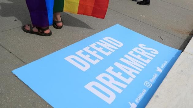 A sign in support of DACA Dreamers lies at the steps of the U.S. Supreme Court after the court declined to hear a Trump administration challenge to California's sanctuary laws, in Washington, DC.(REUTERS)