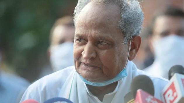 Rajasthan Chief Minister Ashok Gehlot speaks to the media outside the Governor’s residence, in Jaipur.(HT photo)