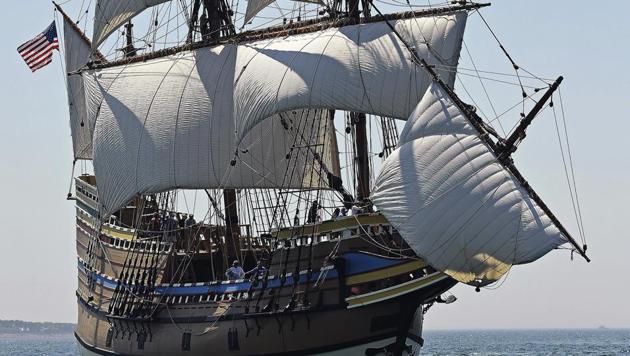 On the seventh day of two weeks of sea trials, the Mayflower II sails through the waters of Fishers Island Sound off Groton, Conn., Tuesday, July 28, 2020. (AP) On the seventh day of two weeks of sea trials, the Mayflower II sails through the waters of Fishers Island Sound off Groton, Conn., Tuesday, July 28, 2020. (AP)