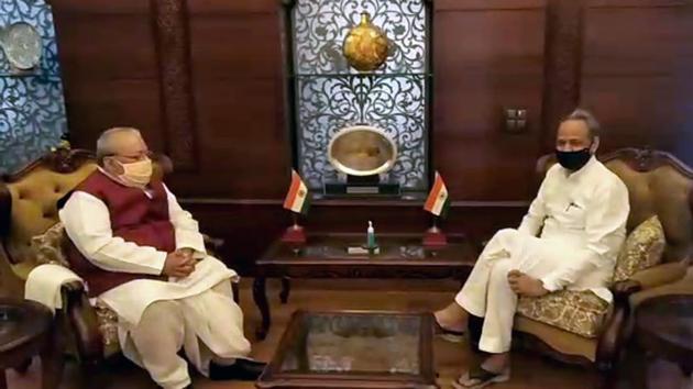 Rajasthan Chief Minister Ashok Gehlot meets Governor of Rajasthan Kalraj Mishra at Raj Bhavan in Jaipur on Wednesday.(ANI) Rajasthan Chief Minister Ashok Gehlot meets Governor of Rajasthan Kalraj Mishra at Raj Bhavan in Jaipur on Wednesday.(ANI)
