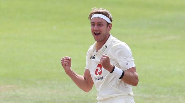 England's Stuart Broad celebrates taking his 500th test wicket with the wicket of West Indies' Kraigg Brathwaite(REUTERS)