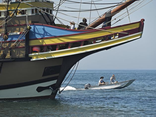 A spectator boat buzzes by the Mayflower II sailing through the waters of Fishers Island Sound off Groton, Conn., Tuesday, July 28, 2020, on the seventh day of two weeks of sea trials. (AP) A spectator boat buzzes by the Mayflower II sailing through the waters of Fishers Island Sound off Groton, Conn., Tuesday, July 28, 2020, on the seventh day of two weeks of sea trials. (AP)
