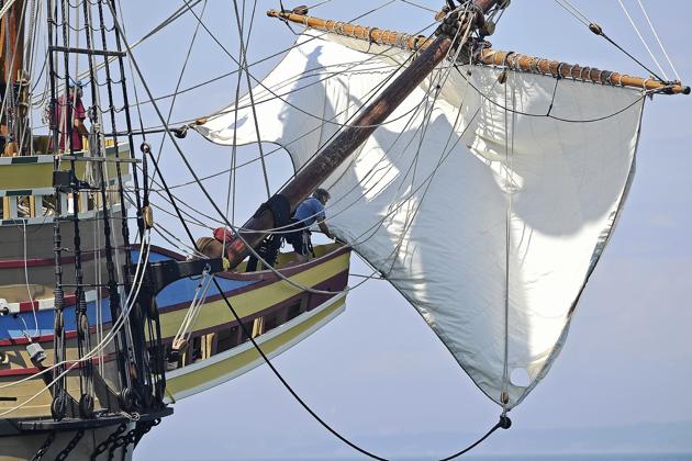 Crew aboard the Mayflower II set the spritsail as they sail through the waters of Fishers Island Sound off Groton, Conn., Tuesday, July 28, 2020, on the seventh day of two weeks of sea trials. (AP) Crew aboard the Mayflower II set the spritsail as they sail through the waters of Fishers Island Sound off Groton, Conn., Tuesday, July 28, 2020, on the seventh day of two weeks of sea trials. (AP)