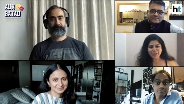 The image shows Gajraj Rao, Rasika Dugal, Ranvir Shorey, and Rajesh Krishnan in conversation with RJ Stutee, discussing their new film Lootcase.(YouTube)