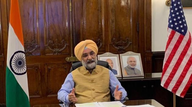 Indian ambassador to US Taranjit Singh Sandhu during a virtual meeting with Wisconsin governor Tony Evers.(ANI File Photo)