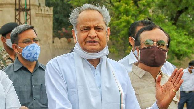 Rajasthan chief minister Ashok Gehlot outside a hotel in Jaipur on July 24, 2020.(PTI File Photo)