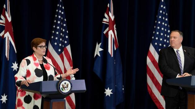 US Secretary of State Mike Pompeo and Australia's Foreign Minister Marise Payne speak during a press conference at the US Department of State following the 30th AUSMIN in Washington, DC.(REUTERS) US Secretary of State Mike Pompeo and Australia's Foreign Minister Marise Payne speak during a press conference at the US Department of State following the 30th AUSMIN in Washington, DC.(REUTERS)
