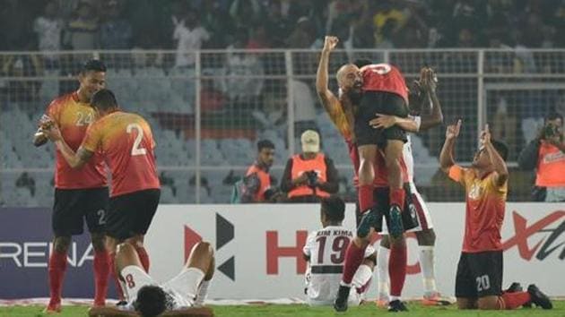 East Bengal players celebrate (Arijit Sen/HT Photo) East Bengal players celebrate (Arijit Sen/HT Photo)
