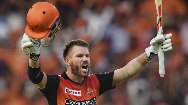 Hyderabad: SRH batsman David Warner celebrates after reaching his century during the Indian Premier League 2019 (IPL T20) cricket match between Sunrisers Hyderabad (SRH) and Royal Challengers Bangalore (RCB)(PTI)