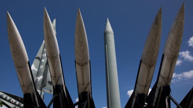 Mock MIM-23 Hawk surface-to-air missiles, foreground, and a mock North Korean Scud-B tactical ballistic missile, center right, stand on display at the War Memorial of Korea museum in Seoul, South Korea.(Bloomberg) Mock MIM-23 Hawk surface-to-air missiles, foreground, and a mock North Korean Scud-B tactical ballistic missile, center right, stand on display at the War Memorial of Korea museum in Seoul, South Korea.(Bloomberg)