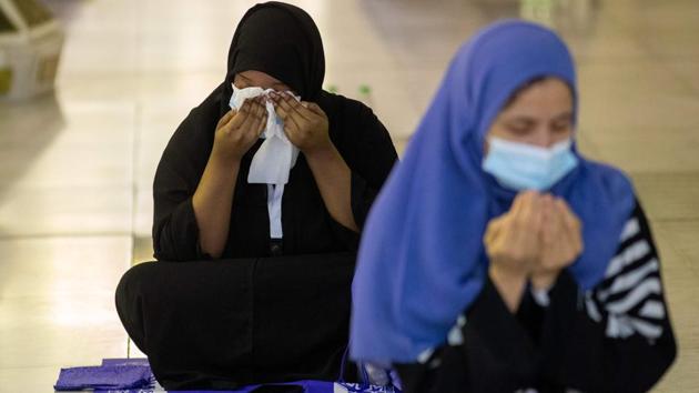 The hajj will be the first large-scale gathering in Mecca’s grand mosque in months. Only pilgrims between the age of 20 and 50 without chronic diseases were considered. Before travelling to Mecca, they observed a week-long home quarantine, followed by a four-day quarantine in a Mecca hotel. (Saudi Ministry of Media  / AFP) 