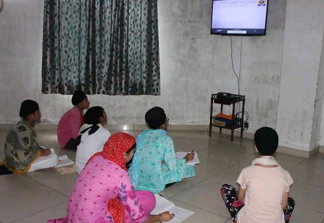 Students of Gur Aasra Trust in Sector 78, Mohali, attending online classes.(Photo: Facebook page of the trust)