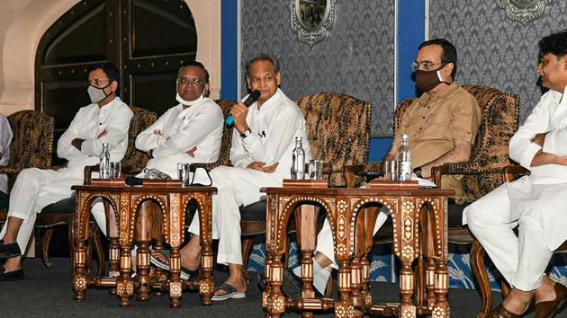 Rajasthan CM Ashok Gehlot speaks during a Vidhayak Dal meeting at a hotel in Jaipur.(PTI)