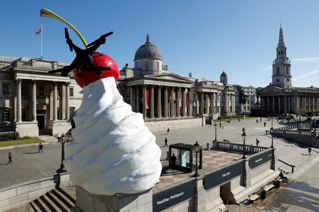 Heather Phillipson's sculpture ''THE END'' is seen after it was unveiled on Trafalgar Square's Fourth Plinth, in London, Britain, July 30, 2020. (REUTERS)