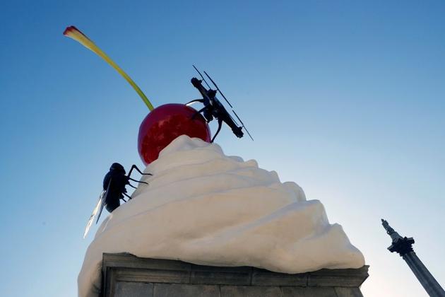Heather Phillipson's sculpture ''THE END'' is seen after it was unveiled on Trafalgar Square's Fourth Plinth, in London, Britain, July 30, 2020. (REUTERS)