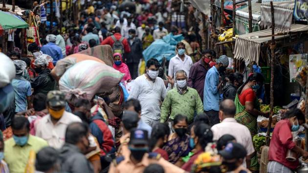 People out and about at a market in Chennai on July 29. According to the health ministry’s figures, 51% of all recoveries in the country have been posted just from Maharashtra, Tamil Nadu and Delhi. These three states are also the worst-hit regions in the country in terms of caseloads. (Arun Sankar / AFP)