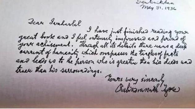 Shashi Tharoor tweeted this message written by Rabindranath Tagore to Pandit Nehru.(Twitter/@ShashiTharoor) Shashi Tharoor tweeted this message written by Rabindranath Tagore to Pandit Nehru.(Twitter/@ShashiTharoor)