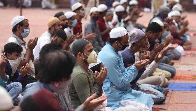 People praying at the Jama Masjid on the eve of Eid al-Adha in New Delhi on Friday(Raj K Raj/HT Photo)