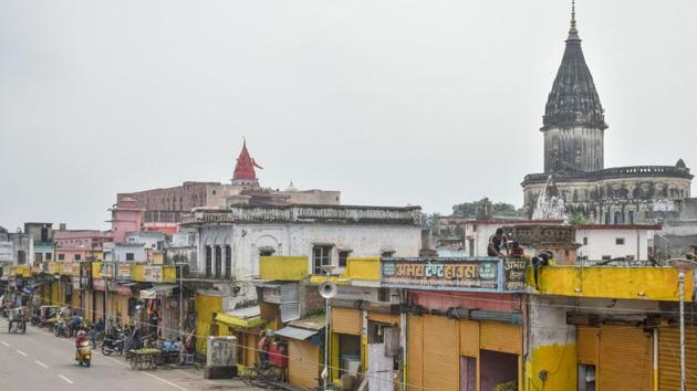 Ayodhya: Shops that fall in the way to the Ramjanmabhoomi site being given a fresh coat of paint as part of preparations ahead of the ceremony for the construction of the Ram Temple.(PTI)