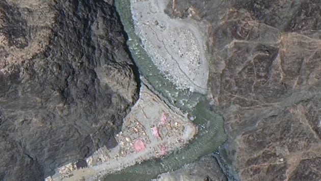 Maxar WorldView-3 satellite image shows close up view of the Line of Actual Control (LAC) border and patrol point 14 in the eastern Ladakh sector of Galwan Valley on June 22, 2020.(via REUTERS)